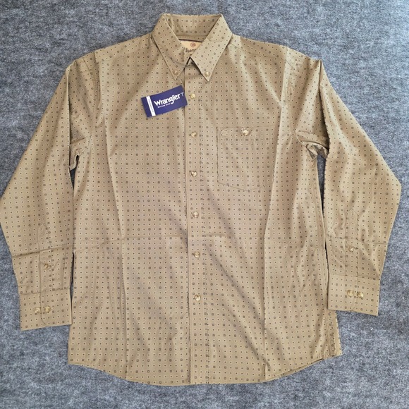 NWT Wrangler Classic Shirt Medium Tan Geometric Relaxed Long Sleeve Button Down - Picture 2 of 13